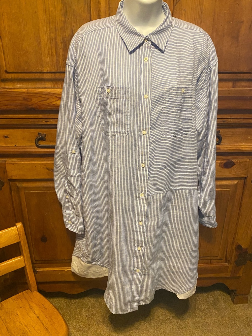 Lauren Ralph Lauren Linen  Blue Stripe Embroidered Hem Shirt Dress Cottagecore